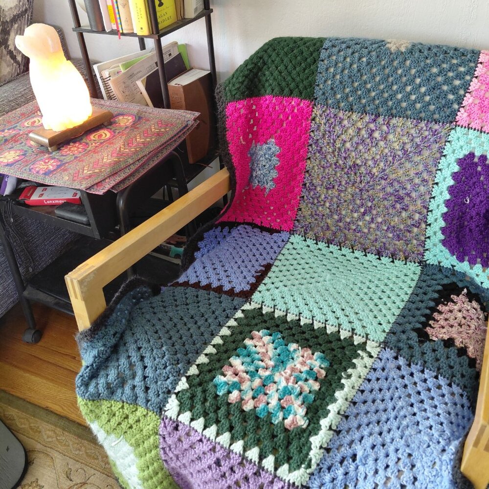 Vintage 70s Crochet Granny Square Panels Handmade Afghan Blanket Retro Boho